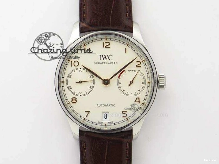 MIROTIME 0331 Sustainable Portuguese IW5444 SS White Dial RG Numbers On Brown Leather Strap A 7256